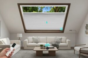 Modern living room with skylight and remote-controlled blinds, offering light control and comfort in a sunlit space.