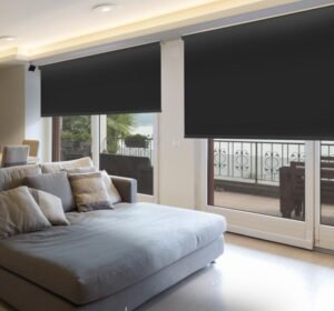 Modern living room with black roller blinds providing privacy and light control, complementing the stylish and minimalist decor.