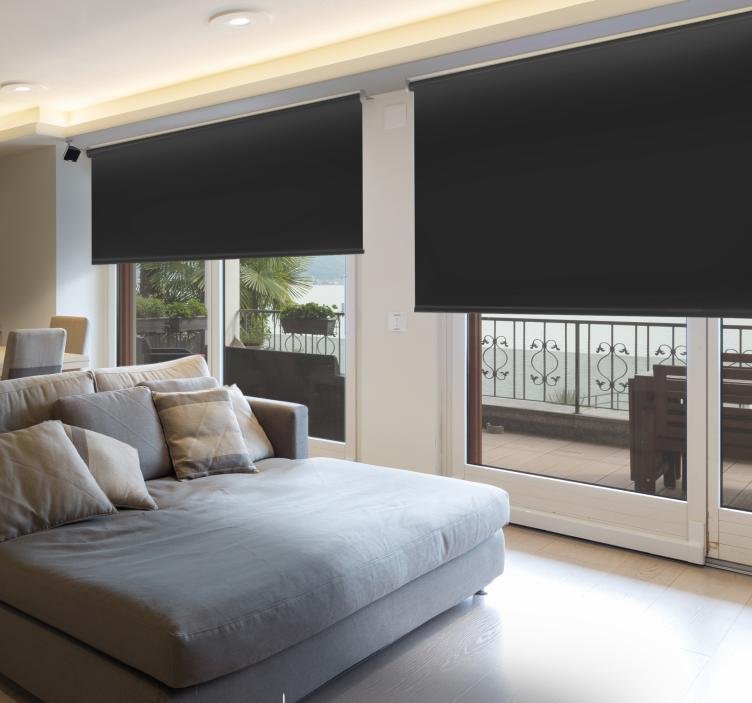Modern living room with black roller blinds providing privacy and light control, complementing the stylish and minimalist decor.