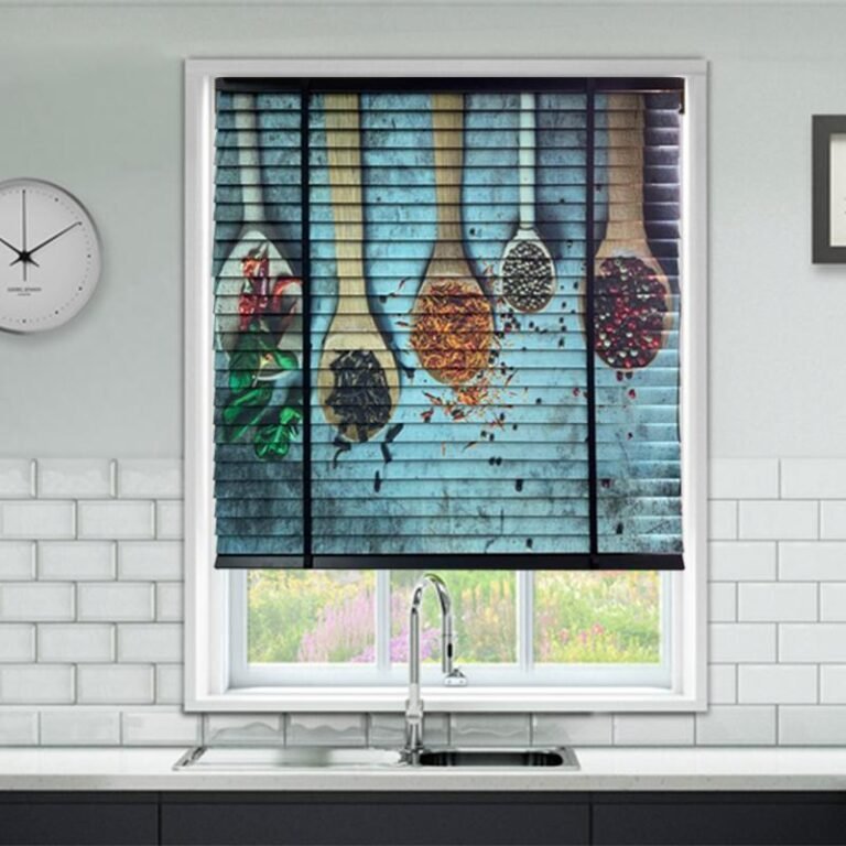Kitchen window with custom blinds featuring a vibrant image of spices in wooden spoons, adding a creative and functional touch to the modern kitchen decor.