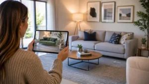 A woman holding a tablet and using augmented reality (AR) to visualize a green sofa in a living room. The space is well-lit with modern décor, including framed artwork, plants, and soft lighting, creating a cozy and stylish atmosphere.