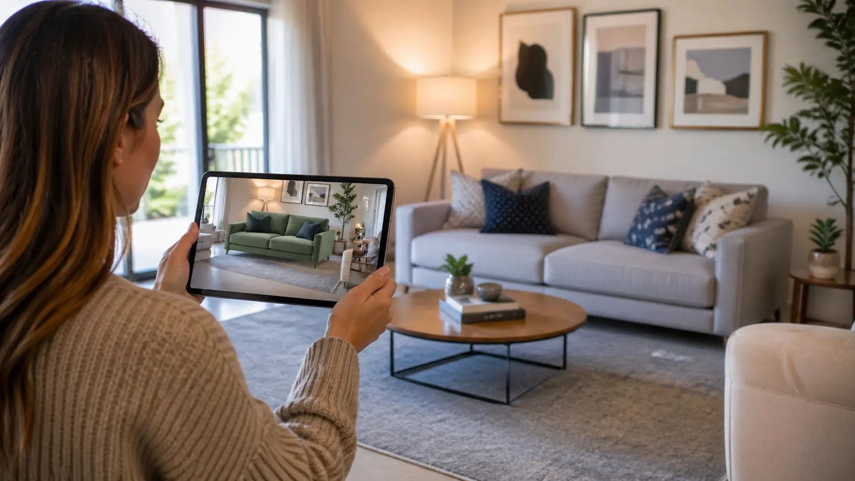 A woman holding a tablet and using augmented reality (AR) to visualize a green sofa in a living room. The space is well-lit with modern décor, including framed artwork, plants, and soft lighting, creating a cozy and stylish atmosphere.