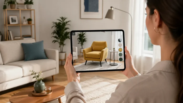 A woman holding a tablet and using augmented reality (AR) to visualize a yellow armchair in her living room. The tablet displays options for different color schemes for the chair, while the real room features modern décor with plants, a sofa, and a coffee table.