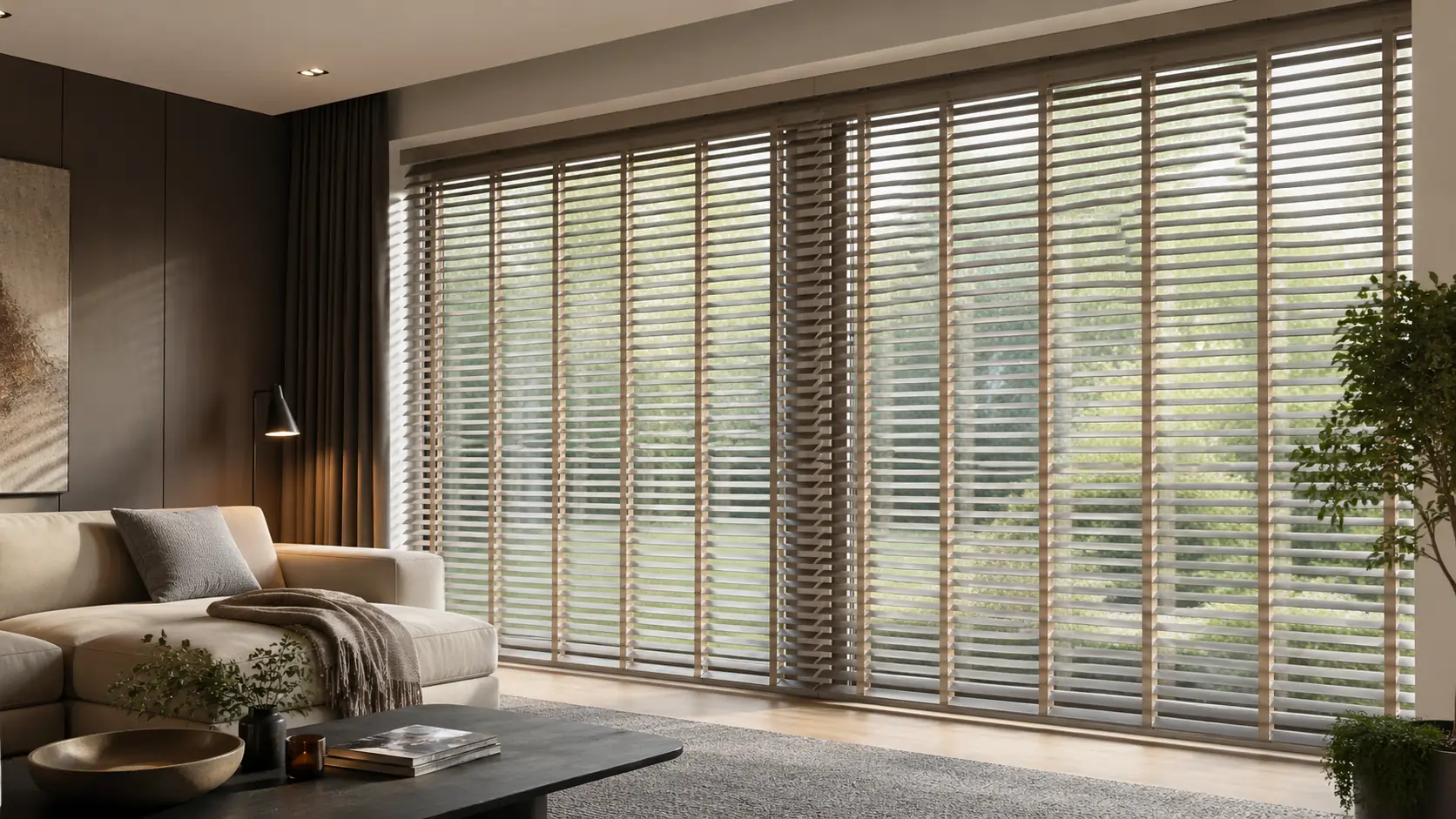 Modern living room with a light-colored sofa and a decorative throw blanket, featuring elegant wooden blinds on large windows. The blinds allow soft light to filter in, highlighting the greenery outside. The room is designed with minimalist décor, including a table with a book, a plant, and soft lighting from a standing lamp.