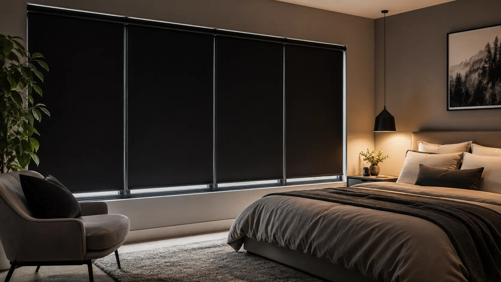 Cozy bedroom with dark blackout blinds covering the window, creating a peaceful and restful atmosphere. The room features a plush bed with neutral-colored bedding, a stylish chair with pillows, and soft lighting from a pendant lamp and bedside table lamp, enhancing the relaxing vibe.