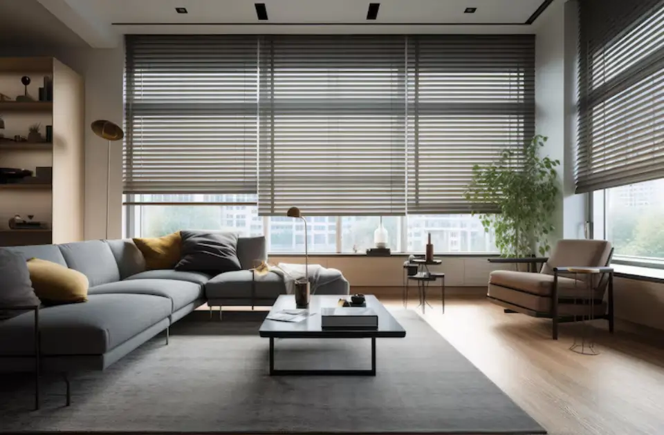 Modern living room with sleek horizontal blinds, offering light control and privacy, showcasing stylish window treatments in a contemporary interior.