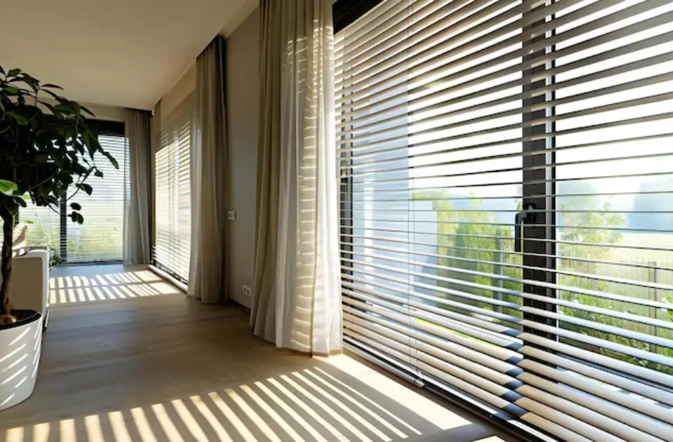 Modern living room with horizontal blinds allowing natural light, creating a warm atmosphere and providing light control, privacy, and style in a contemporary setting.