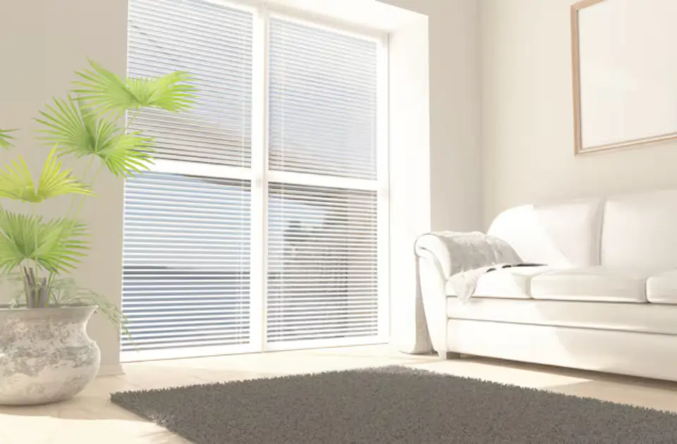 Modern living room with horizontal blinds and natural light, enhancing the minimalist decor with privacy and light control.