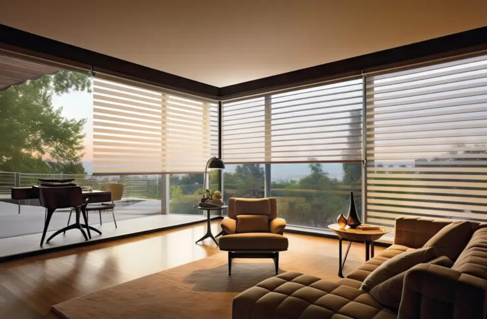 Modern living room with zebra blinds offering light control and privacy, creating a stylish and comfortable atmosphere with scenic views.