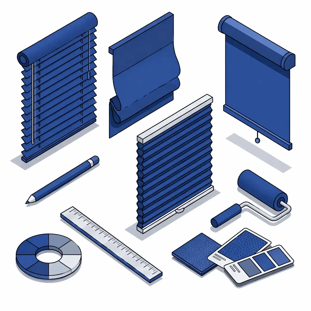 Collection of construction and painting tools including a toolbox, paint cans, paint roller, wrench, measuring tape, and glue gun, illustrated in an isometric style.