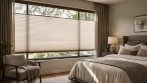 Cozy bedroom with a soft, neutral color scheme. The window features a pleated honeycomb blind that filters natural light, while a chair with a blanket, a bedside lamp, and a potted plant complete the relaxing, peaceful atmosphere.