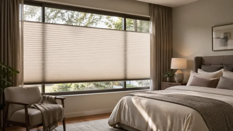 Cozy bedroom with a soft, neutral color scheme. The window features a pleated honeycomb blind that filters natural light, while a chair with a blanket, a bedside lamp, and a potted plant complete the relaxing, peaceful atmosphere.
