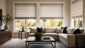 Living room with elegant Roman blinds on large windows, providing a soft and stylish solution for light control and privacy.