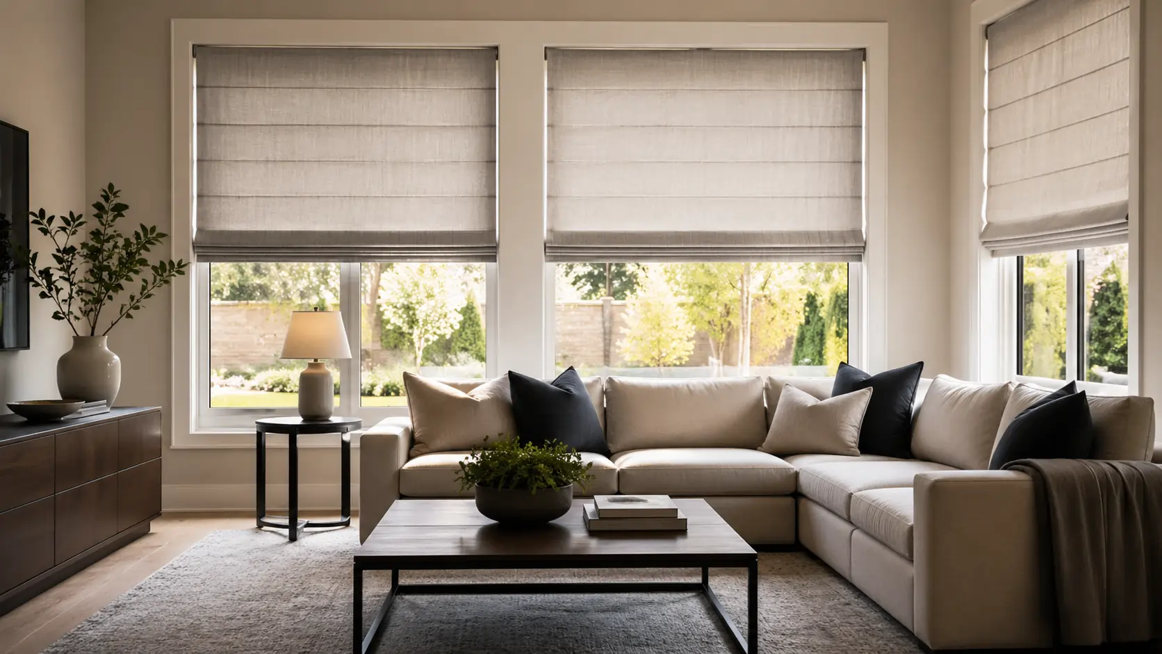 Living room with elegant Roman blinds on large windows, providing a soft and stylish solution for light control and privacy.