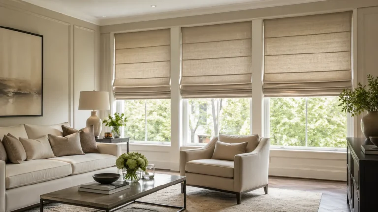 Living room with elegant Roman blinds providing a soft, textured look, enhancing the light control and ambiance in a modern, stylish interior.
