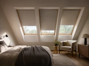 Bedroom with skylight windows fitted with pleated blinds, providing light control and enhancing the cozy and modern interior design.